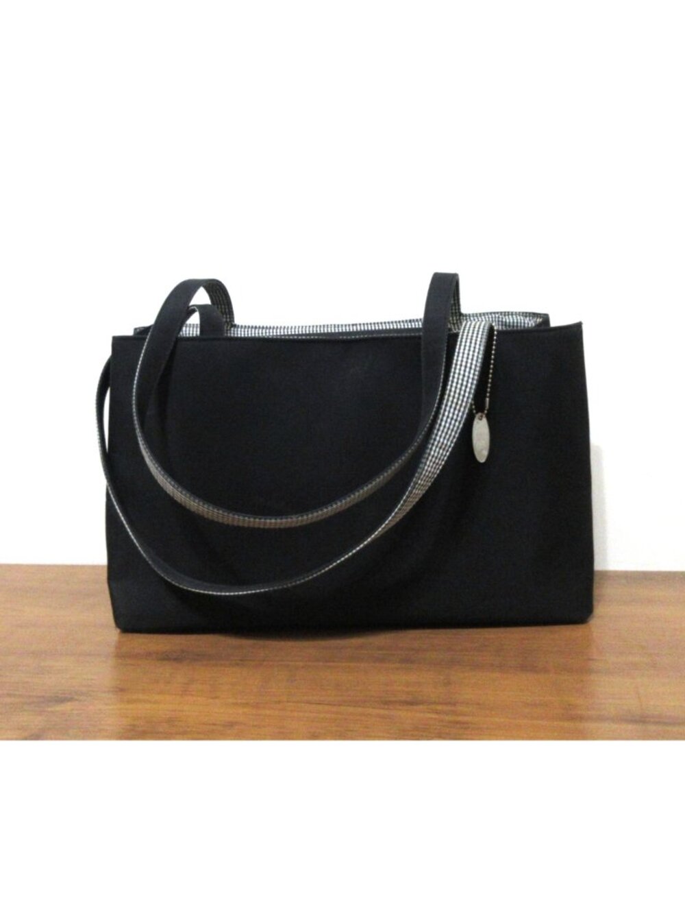 The SAX Large Black Tote Shoulder Bag Double Strap Black and White Checked Lined